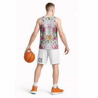 Hawaii Palaka Basketball Jersey White Tribal Pattern With Tropical Flowers - Polynesian Pride