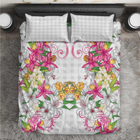 Hawaii Palaka Bedding Set White Tribal Pattern With Tropical Flowers - Polynesian Pride
