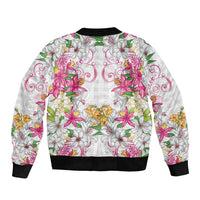 Hawaii Palaka Bomber Jacket White Tribal Pattern With Tropical Flowers - Polynesian Pride