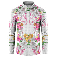 Hawaii Palaka Button Sweatshirt White Tribal Pattern With Tropical Flowers - Polynesian Pride