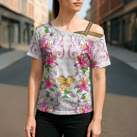 Hawaii Palaka Cross Shoulder Shirt White Tribal Pattern With Tropical Flowers - Polynesian Pride