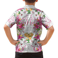 Hawaii Palaka Family Matching Off Shoulder Maxi Dress and Hawaiian Shirt White Tribal Pattern With Tropical Flowers - Polynesian Pride