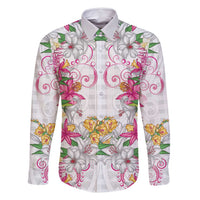 Hawaii Palaka Family Matching Off Shoulder Short Dress and Hawaiian Shirt White Tribal Pattern With Tropical Flowers LT05 Dad's Shirt - Long Sleeve White - Polynesian Pride