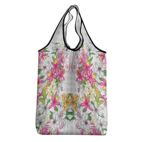 Hawaii Palaka Grocery Bag White Tribal Pattern With Tropical Flowers - Polynesian Pride