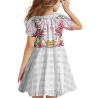 Hawaii Palaka Kid Short Sleeve Dress White Tribal Pattern With Tropical Flowers - Polynesian Pride