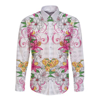 Hawaii Palaka Long Sleeve Button Shirt White Tribal Pattern With Tropical Flowers - Polynesian Pride
