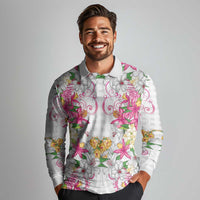 Hawaii Palaka Long Sleeve Polo Shirt White Tribal Pattern With Tropical Flowers - Polynesian Pride
