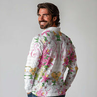 Hawaii Palaka Long Sleeve Polo Shirt White Tribal Pattern With Tropical Flowers - Polynesian Pride