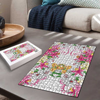 Hawaii Palaka Puzzle White Tribal Pattern With Tropical Flowers - Polynesian Pride