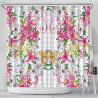Hawaii Palaka Shower Curtain White Tribal Pattern With Tropical Flowers - Polynesian Pride