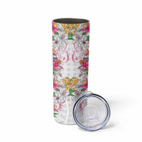 Hawaii Palaka Skinny Tumbler White Tribal Pattern With Tropical Flowers - Polynesian Pride