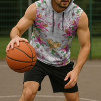 Hawaii Palaka Sleeveless Hoodie White Tribal Pattern With Tropical Flowers - Polynesian Pride