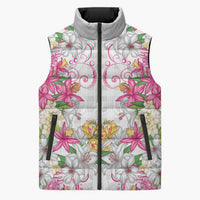 Hawaii Palaka Sleeveless Puffer Jacket White Tribal Pattern With Tropical Flowers - Polynesian Pride