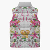 Hawaii Palaka Sleeveless Puffer Jacket White Tribal Pattern With Tropical Flowers - Polynesian Pride