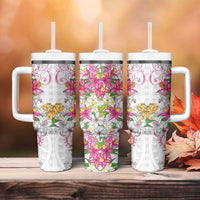 Hawaii Palaka Tumbler With Handle White Tribal Pattern With Tropical Flowers - Polynesian Pride