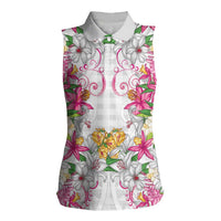 Hawaii Palaka Women Sleeveless Polo Shirt White Tribal Pattern With Tropical Flowers - Polynesian Pride