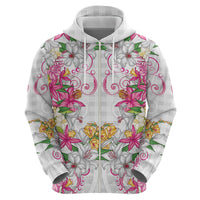 Hawaii Palaka Zip Hoodie White Tribal Pattern With Tropical Flowers - Polynesian Pride