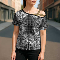 Hawaii Palaka Cross Shoulder Shirt Black Tribal Pattern With Tropical Flowers - Polynesian Pride