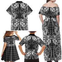 Hawaii Palaka Family Matching Off Shoulder Maxi Dress and Hawaiian Shirt Black Tribal Pattern With Tropical Flowers LT05 - Polynesian Pride