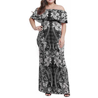 Hawaii Palaka Family Matching Off Shoulder Maxi Dress and Hawaiian Shirt Black Tribal Pattern With Tropical Flowers LT05 Mom's Dress Black - Polynesian Pride