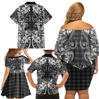 Hawaii Palaka Family Matching Off Shoulder Short Dress and Hawaiian Shirt Black Tribal Pattern With Tropical Flowers - Polynesian Pride