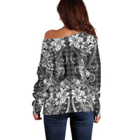 Hawaii Palaka Off Shoulder Sweater Black Tribal Pattern With Tropical Flowers - Polynesian Pride