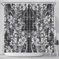 Hawaii Palaka Shower Curtain Black Tribal Pattern With Tropical Flowers - Polynesian Pride