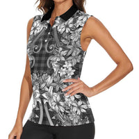 Hawaii Palaka Women Sleeveless Polo Shirt Black Tribal Pattern With Tropical Flowers - Polynesian Pride