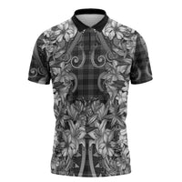 Hawaii Palaka Zipper Polo Shirt Black Tribal Pattern With Tropical Flowers - Polynesian Pride