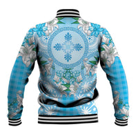 Hawaii Cyan Palaka Baseball Jacket With Tapa Pattern Tropical Flowers - Polynesian Pride