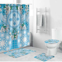 Hawaii Cyan Palaka Bathroom Set With Tapa Pattern Tropical Flowers - Polynesian Pride