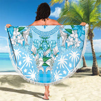 Hawaii Cyan Palaka Beach Blanket With Tapa Pattern Tropical Flowers - Polynesian Pride