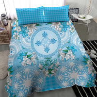 Hawaii Cyan Palaka Bedding Set With Tapa Pattern Tropical Flowers - Polynesian Pride