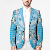 Hawaii Cyan Palaka Blazer With Tapa Pattern Tropical Flowers - Polynesian Pride