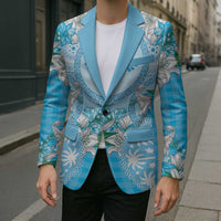 Hawaii Cyan Palaka Blazer With Tapa Pattern Tropical Flowers - Polynesian Pride
