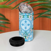 Hawaii Cyan Palaka 4 in 1 Can Cooler Tumbler With Tapa Pattern Tropical Flowers - Polynesian Pride