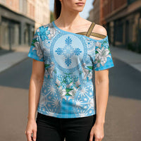 Hawaii Cyan Palaka Cross Shoulder Shirt With Tapa Pattern Tropical Flowers - Polynesian Pride
