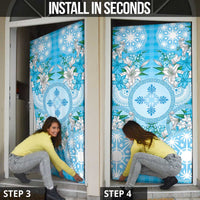 Hawaii Cyan Palaka Door Cover With Tapa Pattern Tropical Flowers - Polynesian Pride