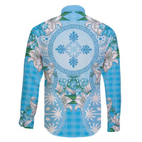 Hawaii Cyan Palaka Family Matching Long Sleeve Bodycon Dress and Hawaiian Shirt With Tapa Pattern Tropical Flowers - Polynesian Pride