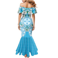 Hawaii Cyan Palaka Family Matching Mermaid Dress and Hawaiian Shirt With Tapa Pattern Tropical Flowers - Polynesian Pride