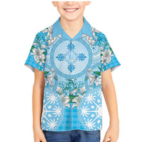 Hawaii Cyan Palaka Family Matching Mermaid Dress and Hawaiian Shirt With Tapa Pattern Tropical Flowers - Polynesian Pride
