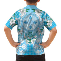 Hawaii Cyan Palaka Family Matching Off Shoulder Short Dress and Hawaiian Shirt With Tapa Pattern Tropical Flowers - Polynesian Pride