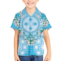 Hawaii Cyan Palaka Family Matching Off Shoulder Short Dress and Hawaiian Shirt With Tapa Pattern Tropical Flowers - Polynesian Pride