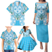 Hawaii Cyan Palaka Family Matching Puletasi and Hawaiian Shirt With Tapa Pattern Tropical Flowers - Polynesian Pride
