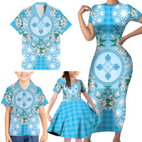 Hawaii Cyan Palaka Family Matching Short Sleeve Bodycon Dress and Hawaiian Shirt With Tapa Pattern Tropical Flowers - Polynesian Pride