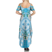 Hawaii Cyan Palaka Family Matching Summer Maxi Dress and Hawaiian Shirt With Tapa Pattern Tropical Flowers - Polynesian Pride