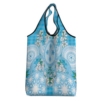 Hawaii Cyan Palaka Grocery Bag With Tapa Pattern Tropical Flowers - Polynesian Pride