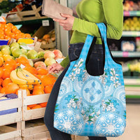 Hawaii Cyan Palaka Grocery Bag With Tapa Pattern Tropical Flowers - Polynesian Pride
