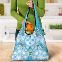 Hawaii Cyan Palaka Grocery Bag With Tapa Pattern Tropical Flowers - Polynesian Pride