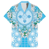 Hawaii Cyan Palaka Hawaiian Shirt With Tapa Pattern Tropical Flowers - Polynesian Pride